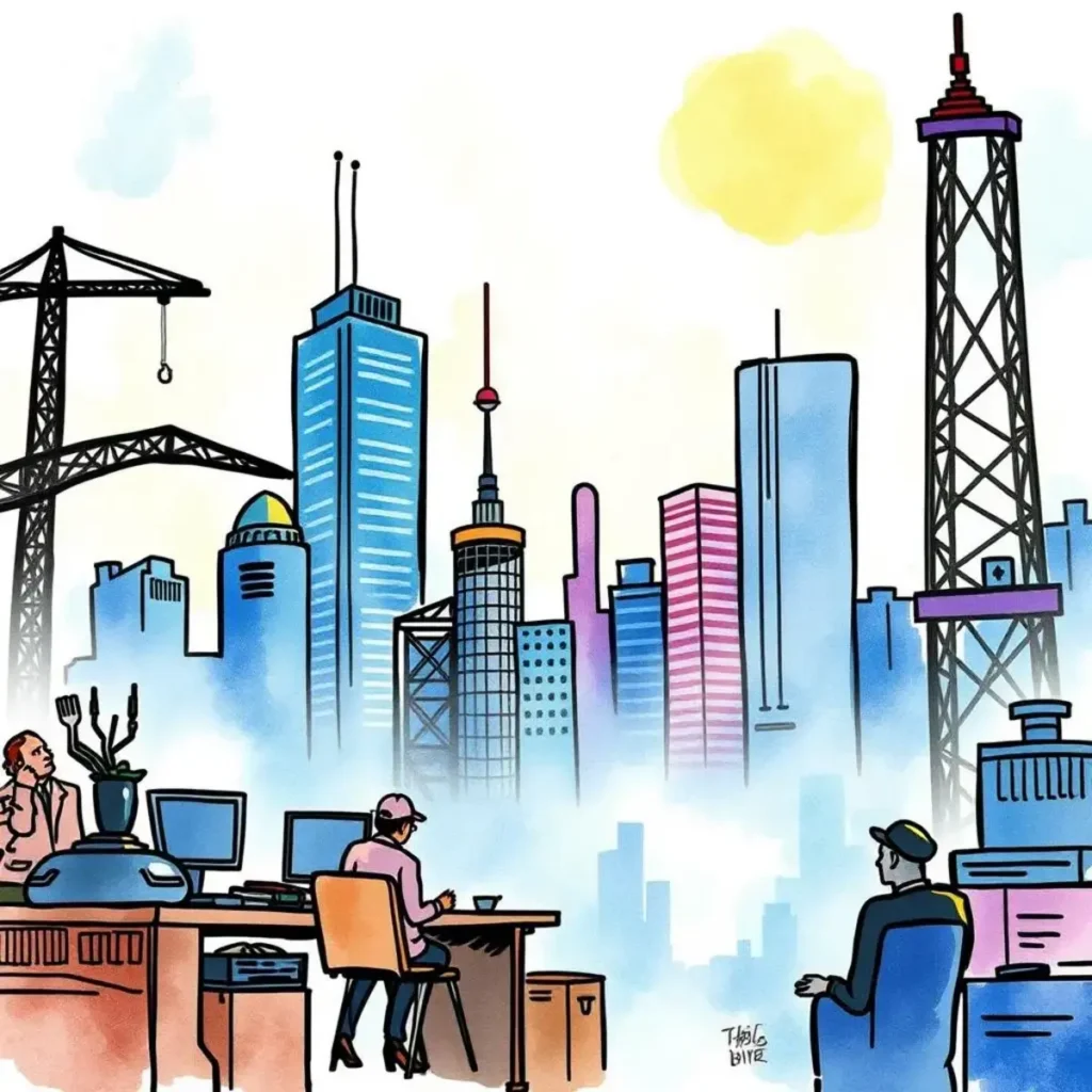 Value proposition tailor: Customize value propositions for specific customer segments 1 A busy office scene with city skyscrapers and professionals engaged in work.