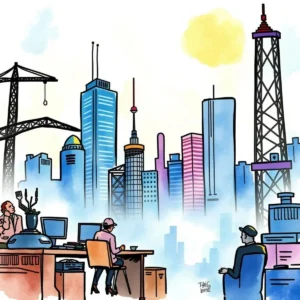 Value proposition tailor: Customize value propositions for specific customer segments 1 A busy office scene with city skyscrapers and professionals engaged in work.