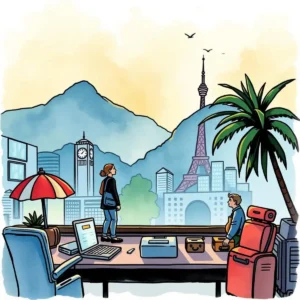 Two professionals analyze budget discrepancies against a cityscape backdrop.