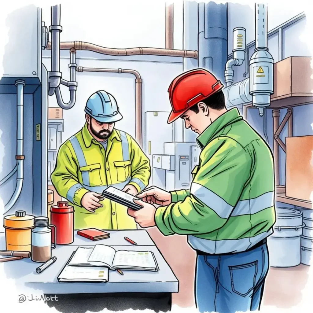 Inspection report analyzer: Extract crucial findings from maintenance inspections 1 Two maintenance workers reviewing inspection reports in a facilities setting.