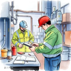Two maintenance workers reviewing inspection reports in a facilities setting.