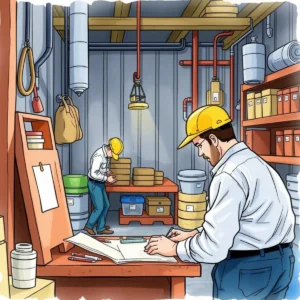 A worker evaluates maintenance tasks in a facility workspace, ensuring quality standards are met.