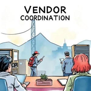 Vendor coordination scene with a team monitoring performance metrics and a vendor outdoors.