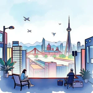 Modern cityscape showcasing professionals evaluating vendor performance reviews.