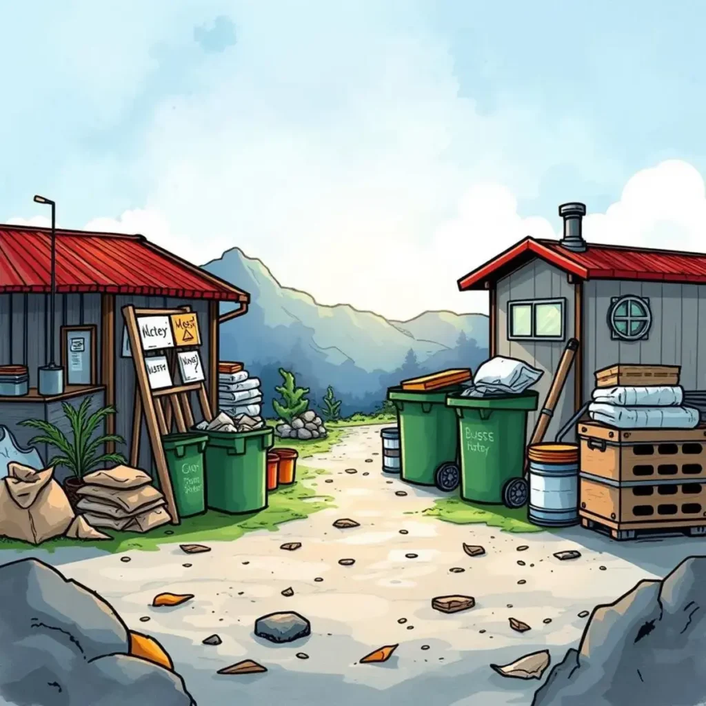 Vendor insights generator: Generate detailed vendor reports for waste disposal 1 Overview of waste management facilities with green disposal bins and outdoor settings.