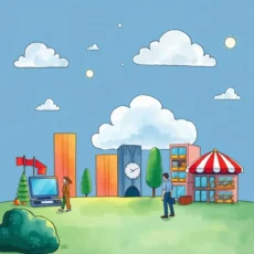 Two individuals exploring a vibrant, whimsical landscape with buildings and clouds.