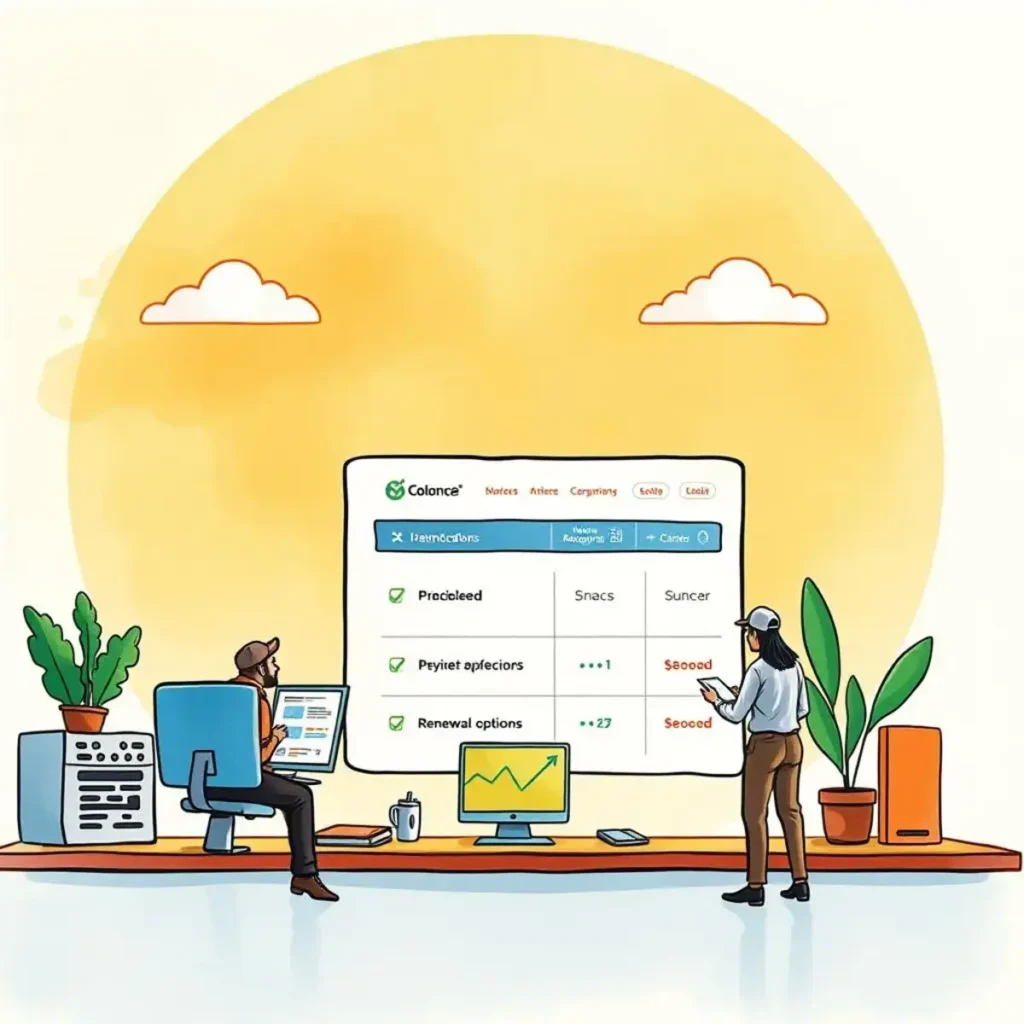 Contract Renewal Comparison Tool interface featuring two professionals analyzing renewal options