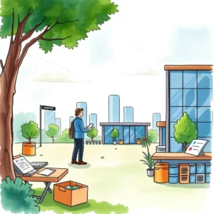 Contract summarizer: Generate concise summaries of contracts 10 A vendor manager reviewing contracts in a modern outdoor office setting.