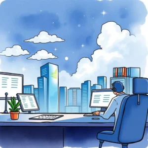 A professional in an office with multiple screens reviews vendor satisfaction data against a city skyline.