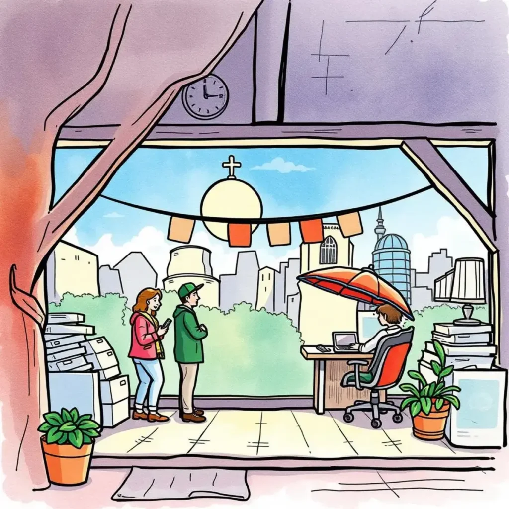 Vendor review note generator: Automatically draft vendor review notes 1 Woman and man discussing a web tool in a cozy office space with city views.