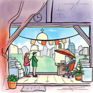 Woman and man discussing a web tool in a cozy office space with city views.