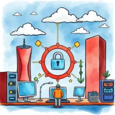 A user engaging with a digital interface amidst a secure cloud environment illustration