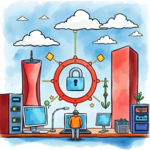 A user engaging with a digital interface amidst a secure cloud environment illustration
