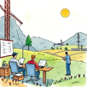 Engineers collaborating outdoors on project validation and stakeholder communication.