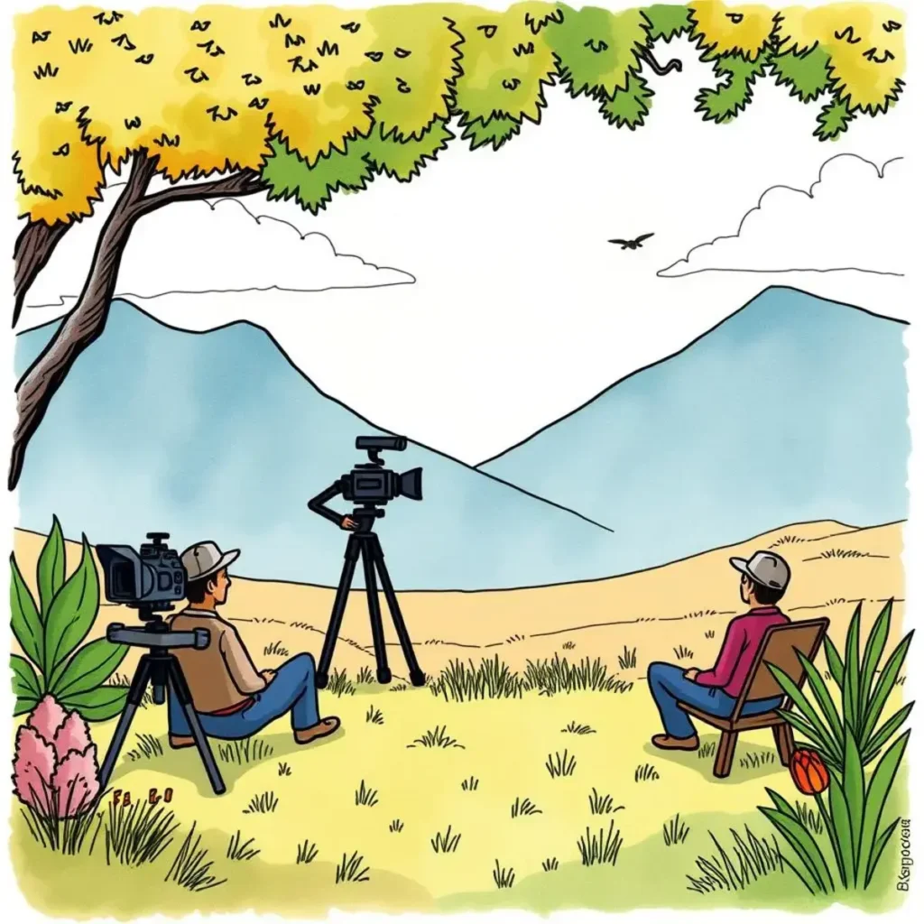Script summarizer: Summarize video scripts into concise messages 1 Two videographers setting up cameras in a scenic landscape.