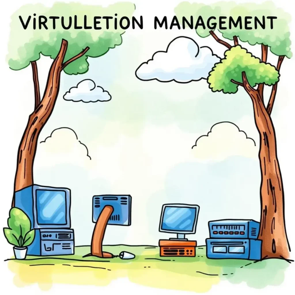 Virtualization management illustration featuring computers and greenery for IT standards alignment tool