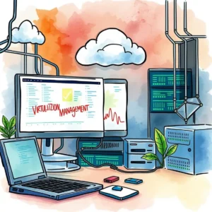 A computer setup displaying virtualization management tools for troubleshooting logs in IT.