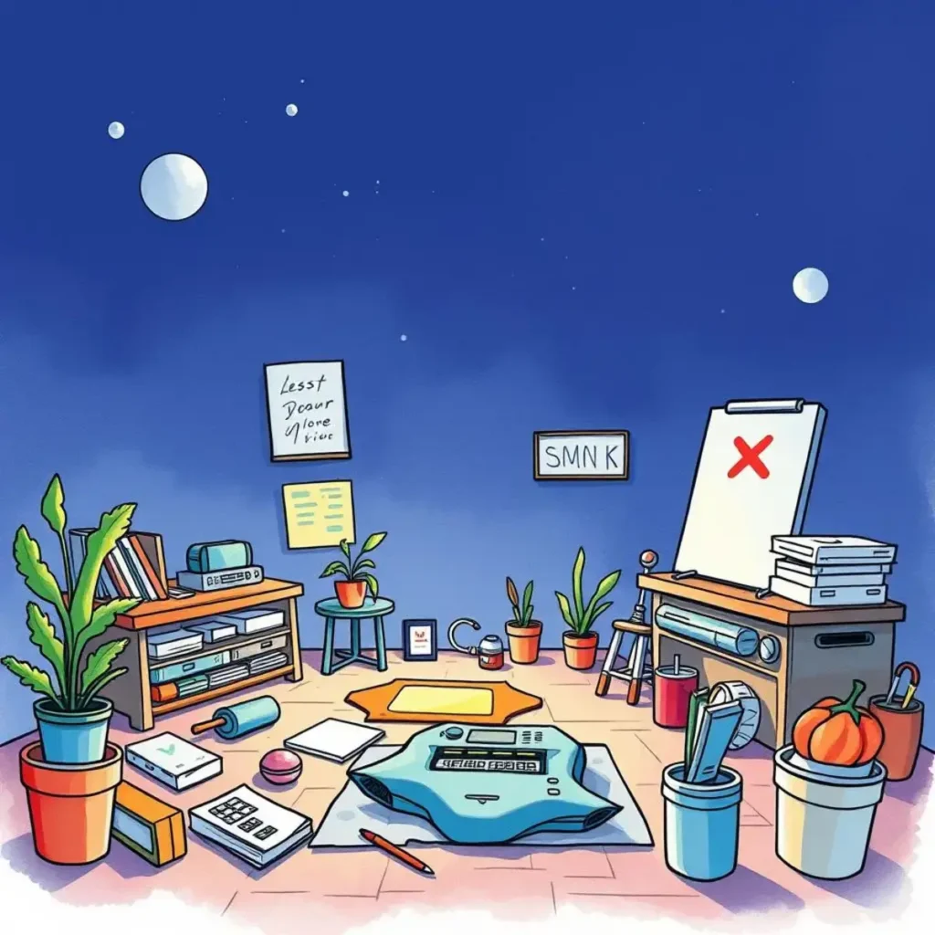 Vision statement creator: Craft impactful statements for product concepts 1 Creative workspace with plants, tools, and brainstorming materials for innovation.