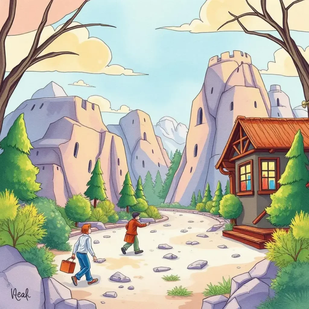Visionary story creator: Develop visionary brand tales creatively 1 Two storytellers walking towards a cozy cabin in a mountainous landscape.