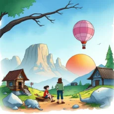 Feedback Analysis Tool in a serene landscape with mountains and hot air balloon, depicting exploration.