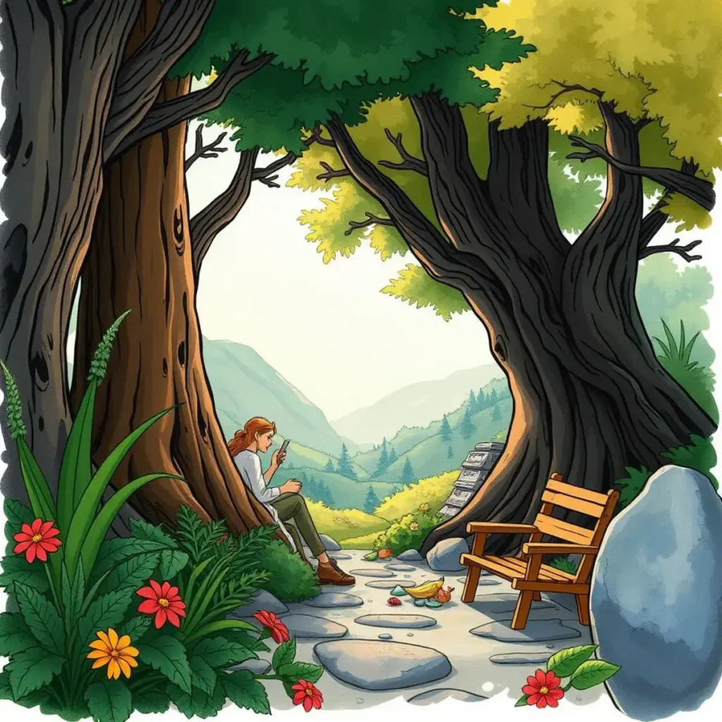 A serene landscape with a woman drawing among trees and flowers.