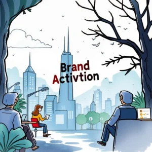 Brand Activation scene illustrating marketing professionals discussing strategies in an urban setting.