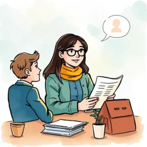 A woman with glasses holds a document while speaking to a boy in a friendly setting.