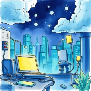 Vibrant digital workspace overlooking a cityscape, symbolizing cybersecurity and vulnerability identification tools.