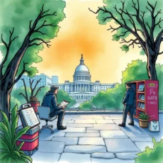 A serene outdoor scene showing professionals analyzing policy