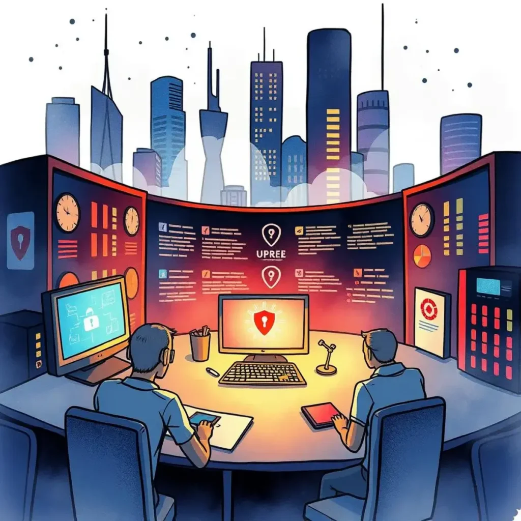 Regulation summary creator: Summarize relevant regulations for policy updates 1 Summary: A digital illustration of two IT professionals analyzing cybersecurity data at an advanced control center.