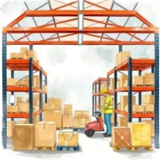 A warehouse worker operates a pallet jack among organized shelves of boxes.