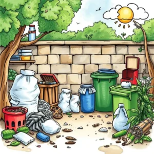 Colorful illustration of various waste types in a categorized outdoor setting.