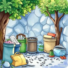 Colorful illustration of waste bins in a natural setting for audits.