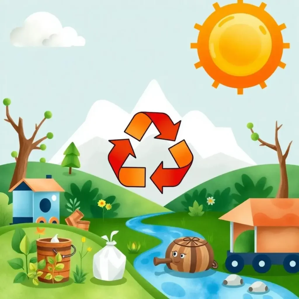 Waste education content generator: Produce informative content on waste reduction practices 1 A vibrant illustration of a scenic landscape with recycling symbols represents waste education tools.