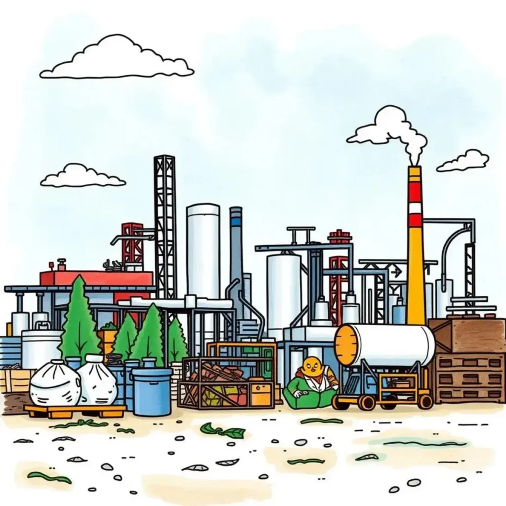 Illustration of a manufacturing site focused on waste reduction efforts.