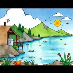 A serene landscape featuring a lakeside cabin, lush mountains, and sunny skies, symbolizing waste reduction.