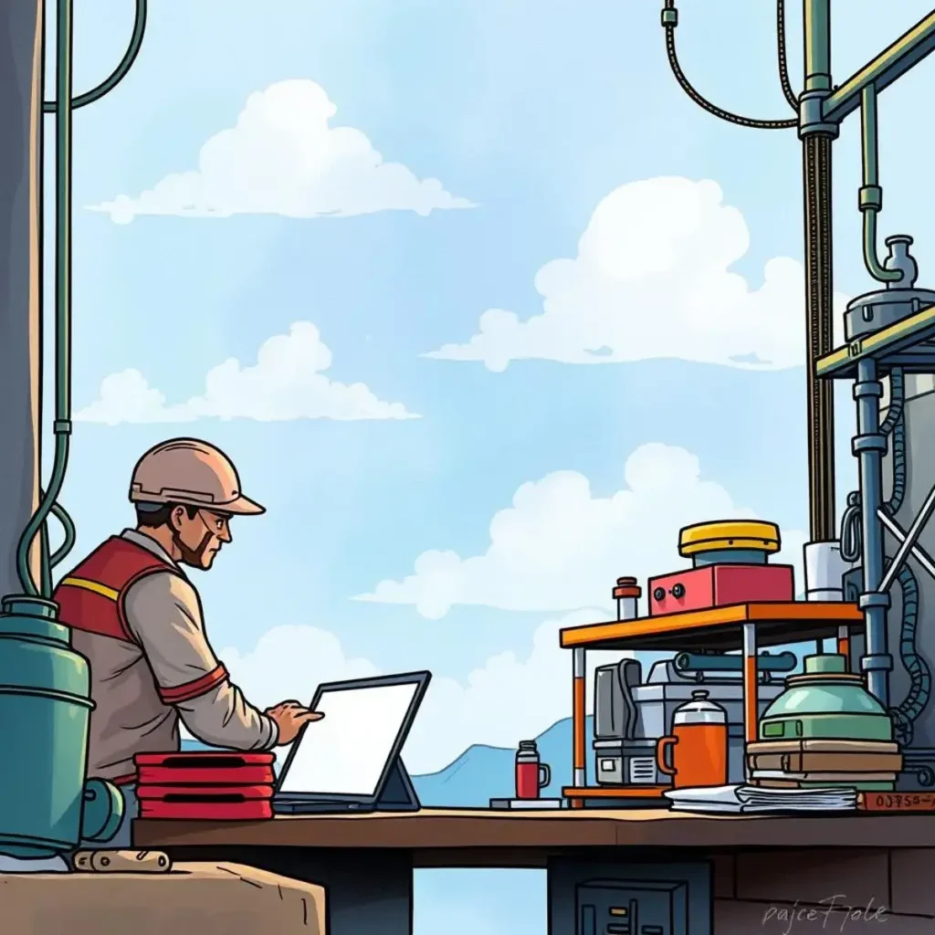 A professional engineer analyzes data on a laptop amidst various tools and equipment outdoors