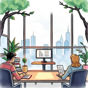Two professionals analyzing employee compensation data with a city view.