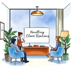 Welcome email composer: Generate personalized client welcome messages 10 A team discusses client relations strategies in a modern office setting with a presentation board.