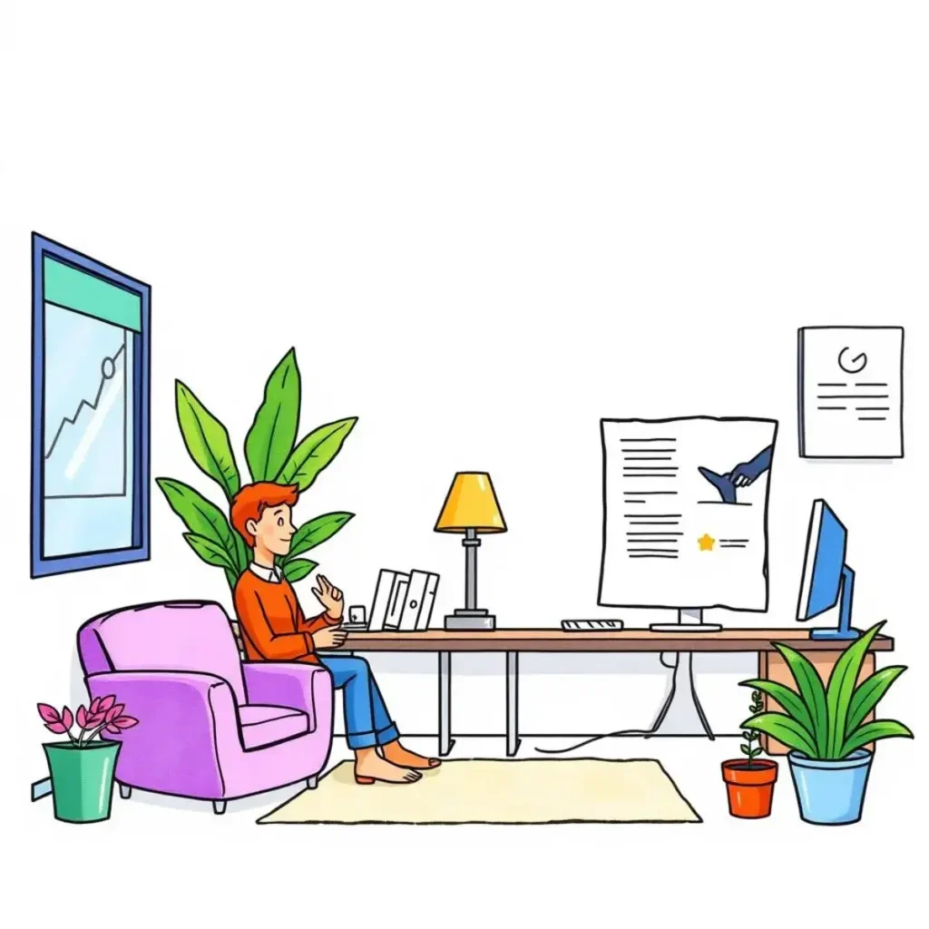 Welcome email creator: Create engaging welcome emails for new hires 1 A person sitting in a vibrant office space, engaged with a computer while surrounded by plants.
