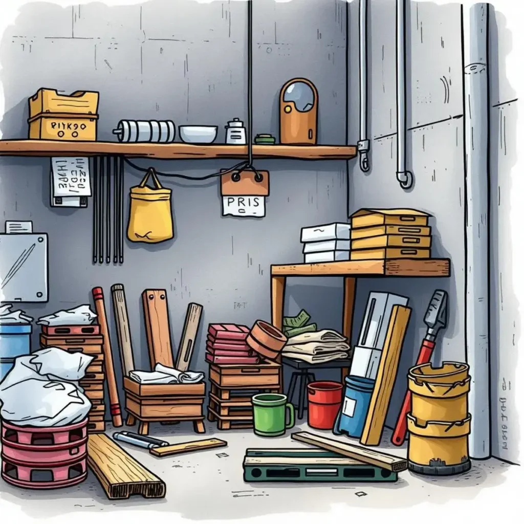 Cluttered storage area with maintenance tools and supplies organized on shelves.