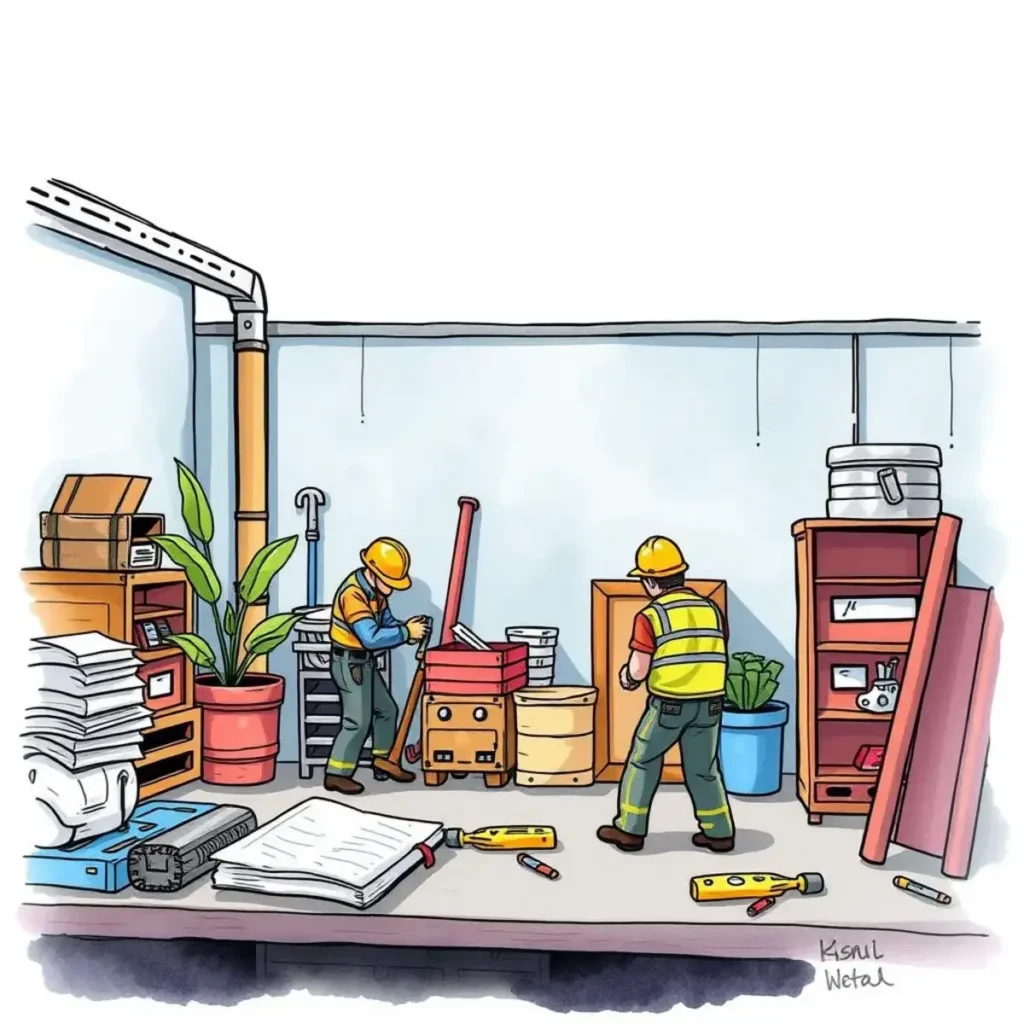 Work order urgency evaluator: Assess and prioritize task urgency 1 Workers organizing supplies in a facilities management workspace.