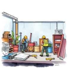 Workers organizing supplies in a facilities management workspace.
