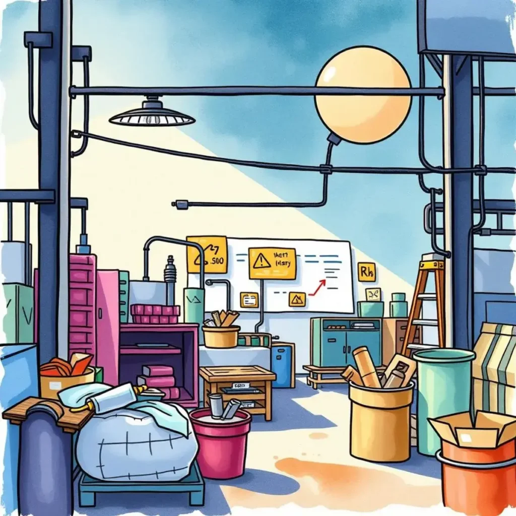 Workflow disruption identifier: Pinpoint disruptions within the production workflow 1 A cluttered production floor illustrating workflow disruption challenges.