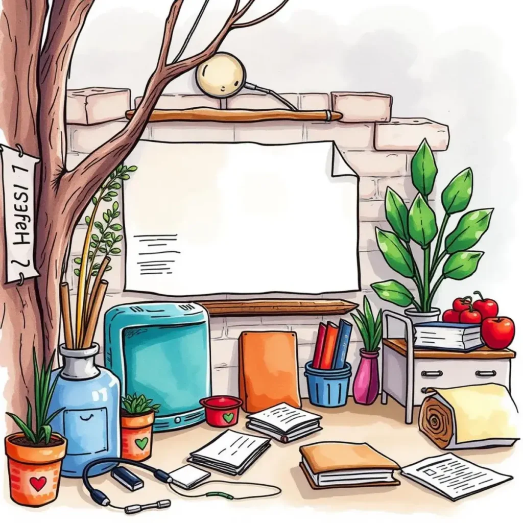 Workflow documentation creator: Generate detailed current process documentation 1 Colorful workspace with plants, notes, and tools for process documentation.