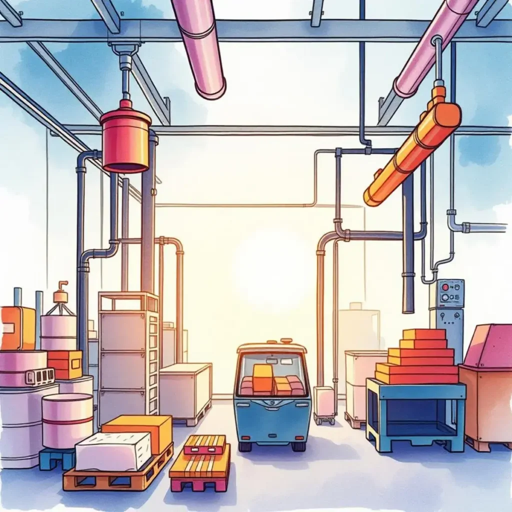 Workflow gap identifier: Highlight inefficiencies in production flow 1 Colorful manufacturing setting illustrating optimized production workflows and processes.