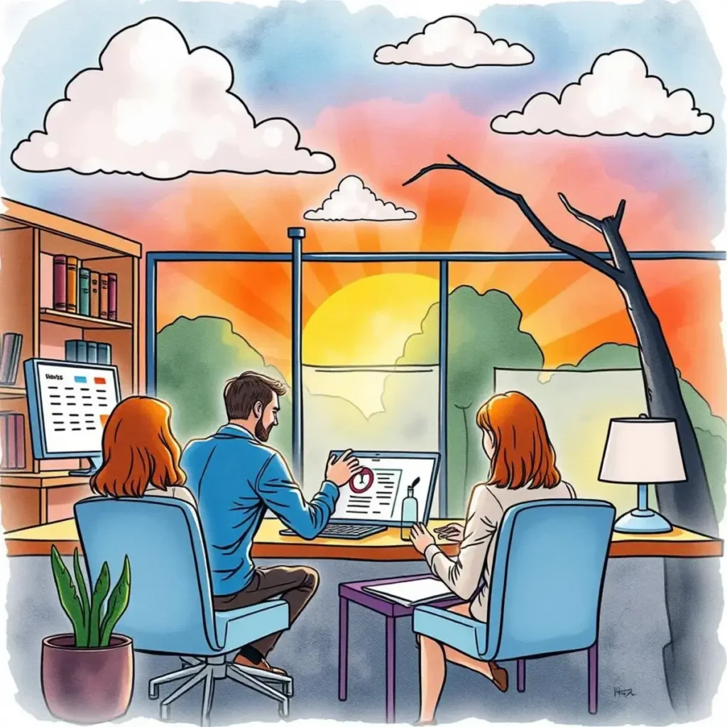 Skill utilization insights generator: Analyze and optimize skill usage in teams 1 Candid team brainstorming session in a bright office with a sunset view, focusing on skill optimization.