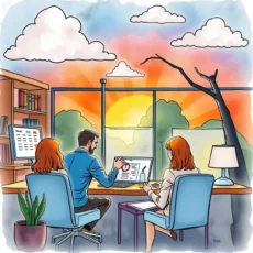 Candid team brainstorming session in a bright office with a sunset view, focusing on skill optimization.