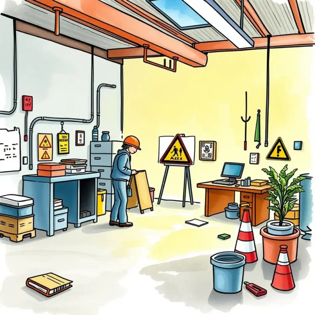 Safety training outline generator: Generate structured training outlines for hazards 1 A worker in a safety helmet organizes materials in a hazard-aware training space.