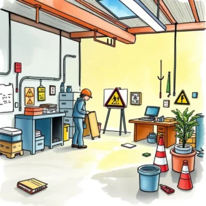 Safety training outline generator: Generate structured training outlines for hazards 9 A worker in a safety helmet organizes materials in a hazard-aware training space.